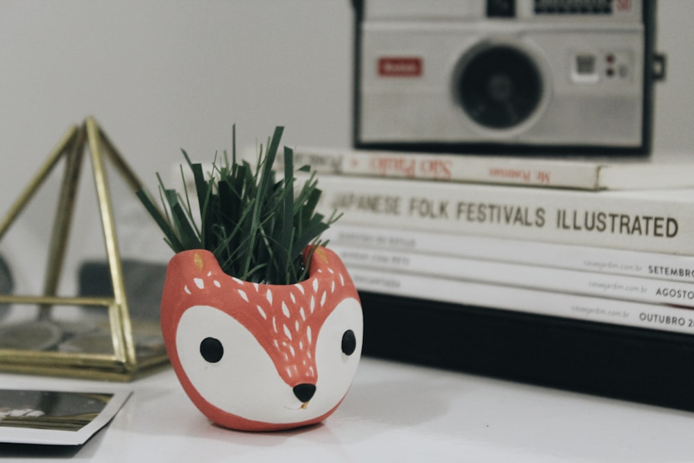 white and red fox plant pot