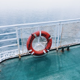 A red lifebuoy hangs on the white railing of a boat, with a backdrop of calm, expansive water. The metallic green deck beneath it shows signs of weathering.