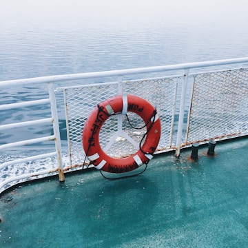 A red lifebuoy hangs on the white railing of a boat, with a backdrop of calm, expansive water. The metallic green deck beneath it shows signs of weathering.