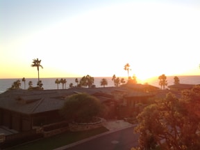 A warm sunset over a peaceful Baja coastal town with palm trees and ocean waves.