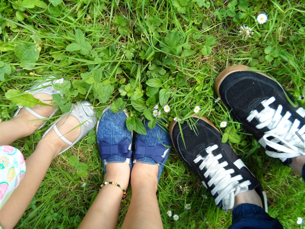 Various footwear such as silver sandals, blue shoes with bows, and black sneakers with white laces stand on a patch of verdant grass. Small white daisies are scattered among the green leaves.