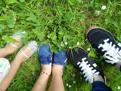 Various footwear such as silver sandals, blue shoes with bows, and black sneakers with white laces stand on a patch of verdant grass. Small white daisies are scattered among the green leaves.