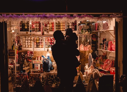A dimly lit shop window is filled with various colorful items, including toys, bags, and other decorative objects. The window display features a prominent blue rabbit figure. In the foreground, the silhouette of an adult holding a child is visible, facing the window display.