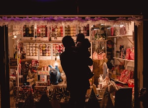 A dimly lit shop window is filled with various colorful items, including toys, bags, and other decorative objects. The window display features a prominent blue rabbit figure. In the foreground, the silhouette of an adult holding a child is visible, facing the window display.