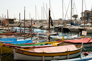 A group photo of smiling fleet members standing proudly beside their boats at a sunny marina hub.