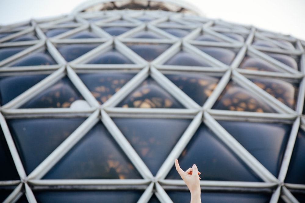 closeup photo of person pointing glass roof