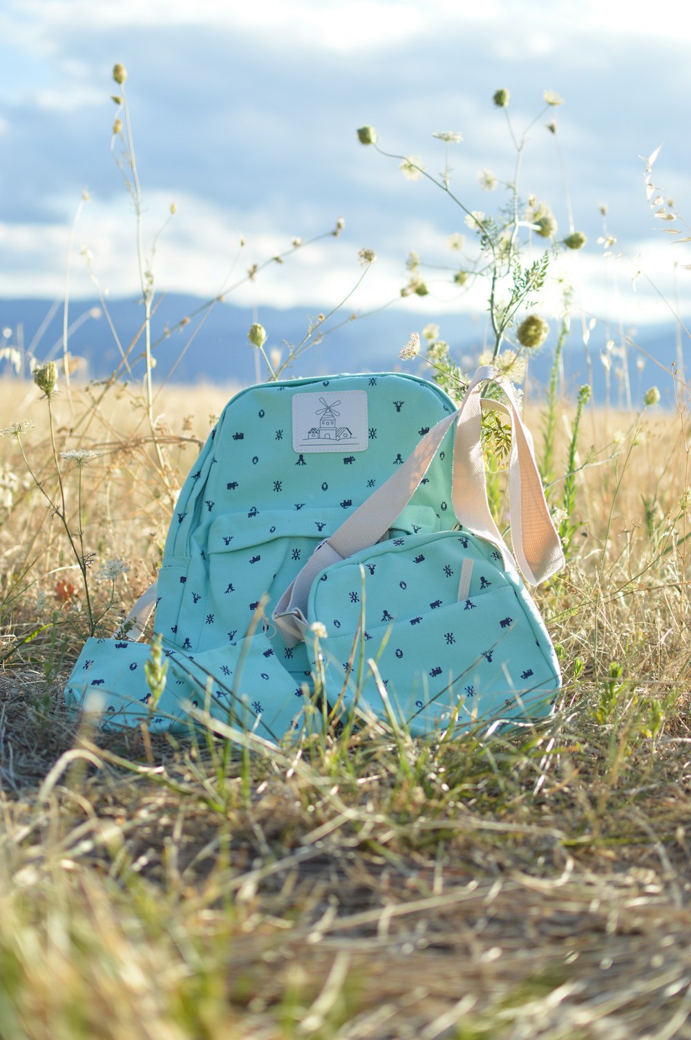 green leather backpack beside crossbody bag on grass field during daytime