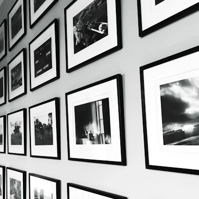 An elegant gallery wall displaying framed digital prints of animals and urban architecture.