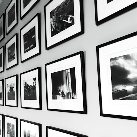 An elegant display of framed photographs arranged on a gallery wall.