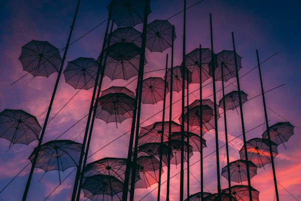 Black hanging umbrellas art — Thessaloniki, Greece