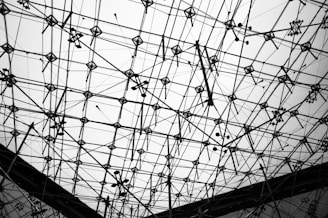 A complex structure of intersecting metal rods and wire cables form a geometric pattern against a light background. The framework appears intricate and industrial, creating an abstract and web-like appearance.