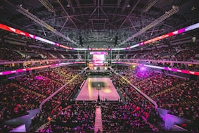 A modern sports arena filled with enthusiastic basketball fans.
