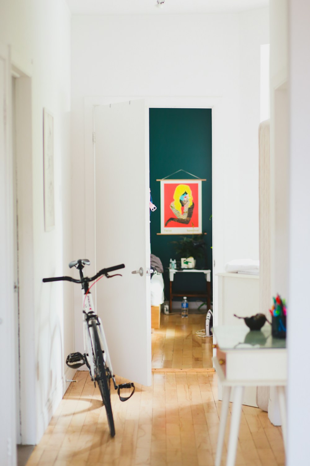 white bike parked in house