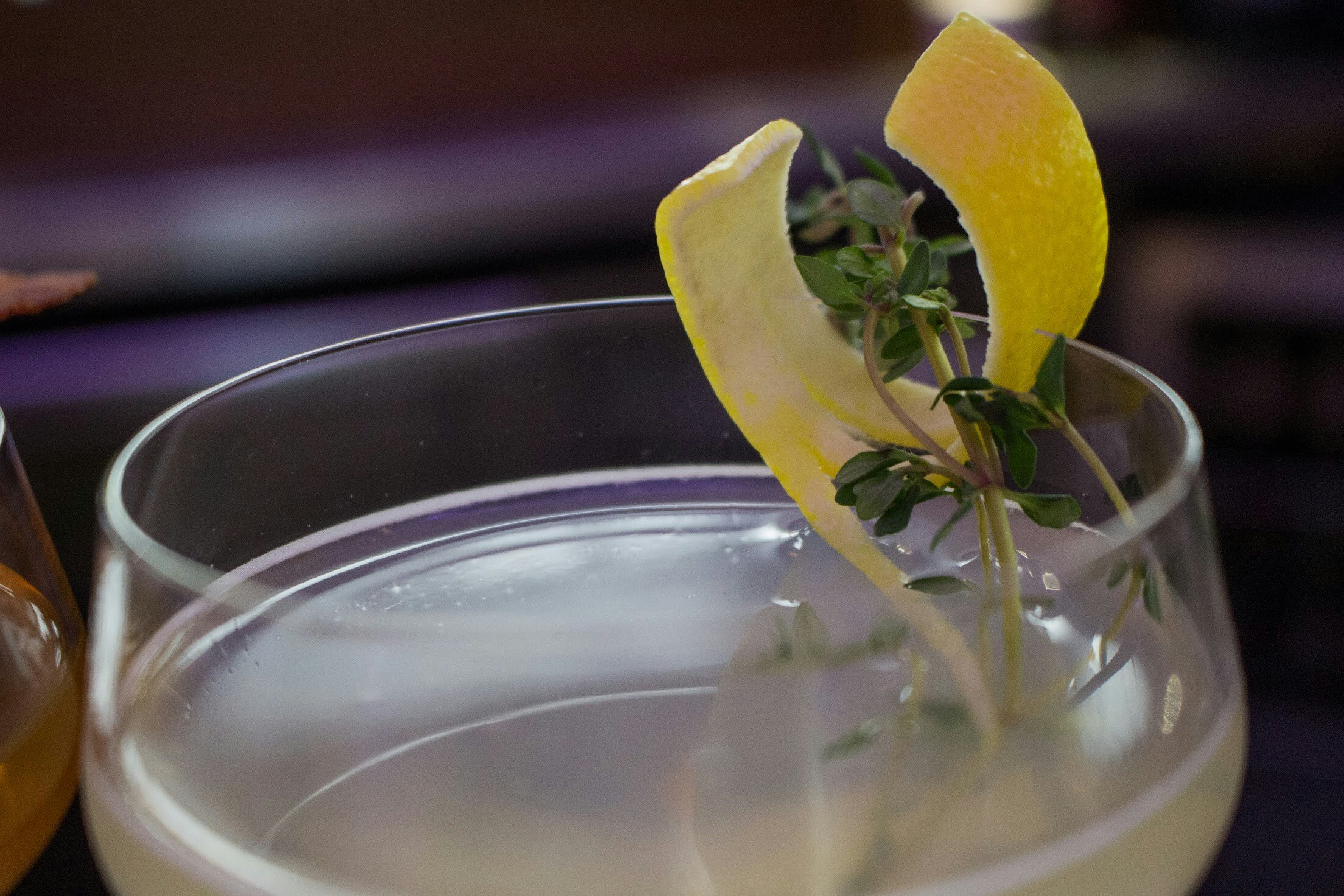 Close-up of a classic cocktail garnished with fresh herbs and a twist of citrus on a dark wooden bar.