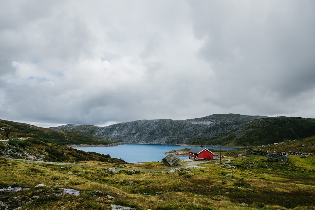 red and black house near lake and mountain