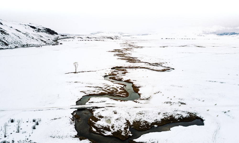 Fotografía de paisajes de tierras cubiertas de nieve