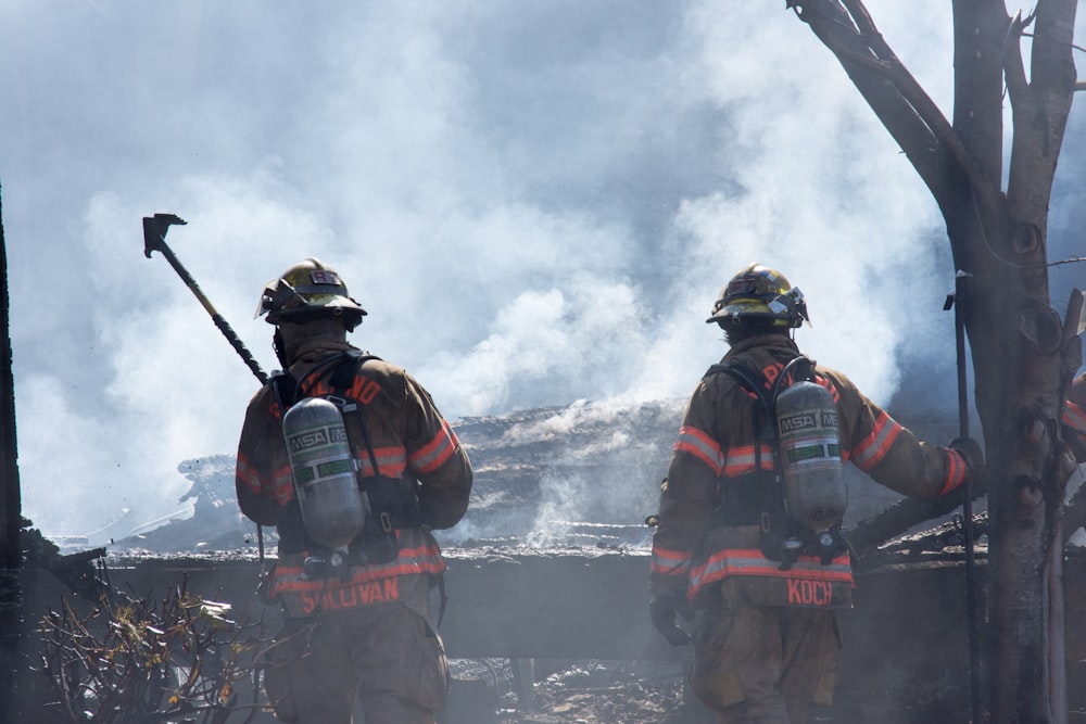 two firefighters walking on burned trees covered with smoke