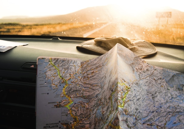 person holding blue and brown map