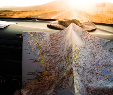 person holding blue and brown map