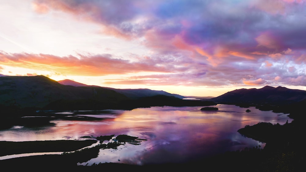 lake under grey and orange clouds