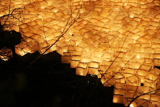 A warm glowing lantern gently illuminating a path lined with soft gold and cream tones at dusk.