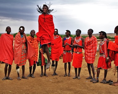group of maasai moran warriors men wearing red suits standing on brown soil with maasai cows in the 