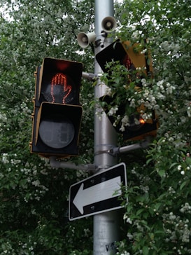 A traffic light with a red hand signal is partially obscured by lush green foliage and white flowers. Underneath, there is a black and white street sign with an arrow pointing left. Loudspeakers are mounted above the traffic light on a metal pole.
