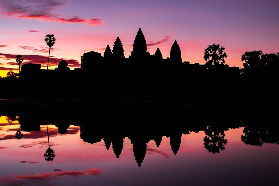 silhouette of trees and buildings, We woke up at 4 am to go to Angkor Wat for the Sunrise. At 5 am the sun welcomed us w