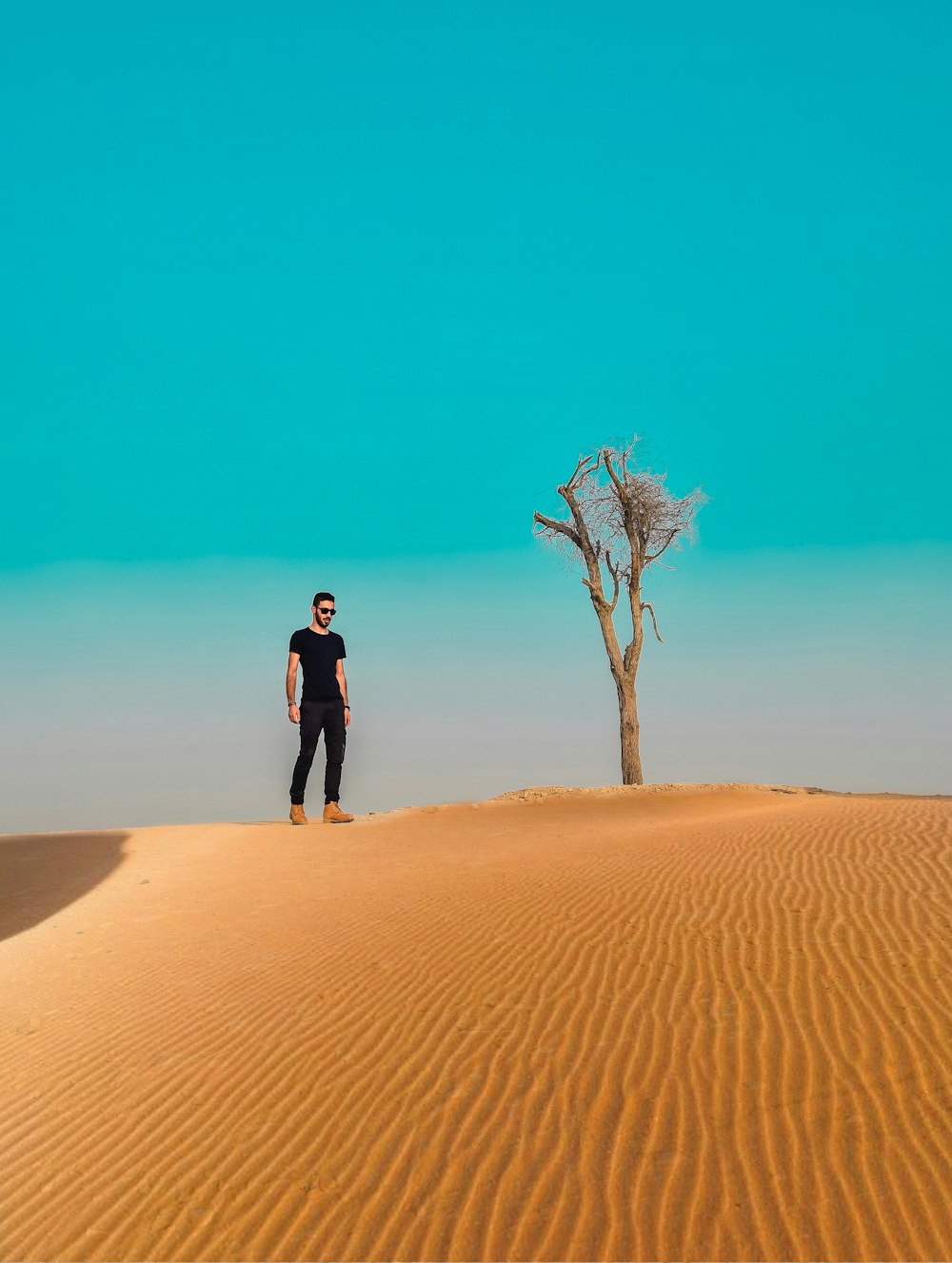Mann steht auf Sandfeld in der Nähe eines vertrockneten Baumes