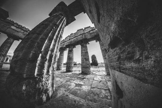 close view of concrete ruins in Paestum Italy