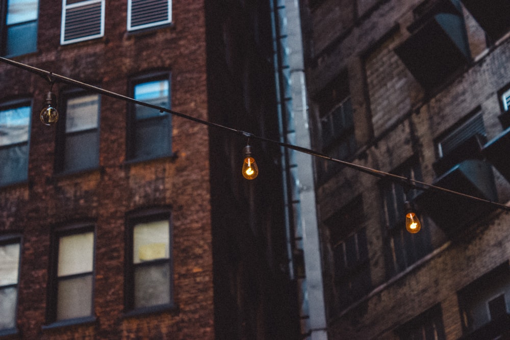 lighted string of light bulbs mounted on buildings outdoors