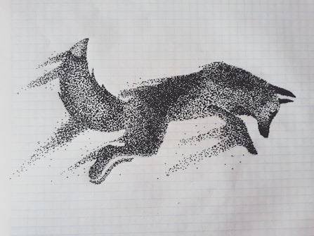 A dotwork illustration of a fox-like creature in mid-leap, composed entirely of small black dots on graph paper. The animal's form is dynamically posed, suggesting motion and energy. The background is a simple grid pattern of the graph paper.