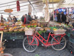 Vibrant scene of fruit and vegetable vendors at Azadpur Mandi, busy arranging fresh produce on their carts.