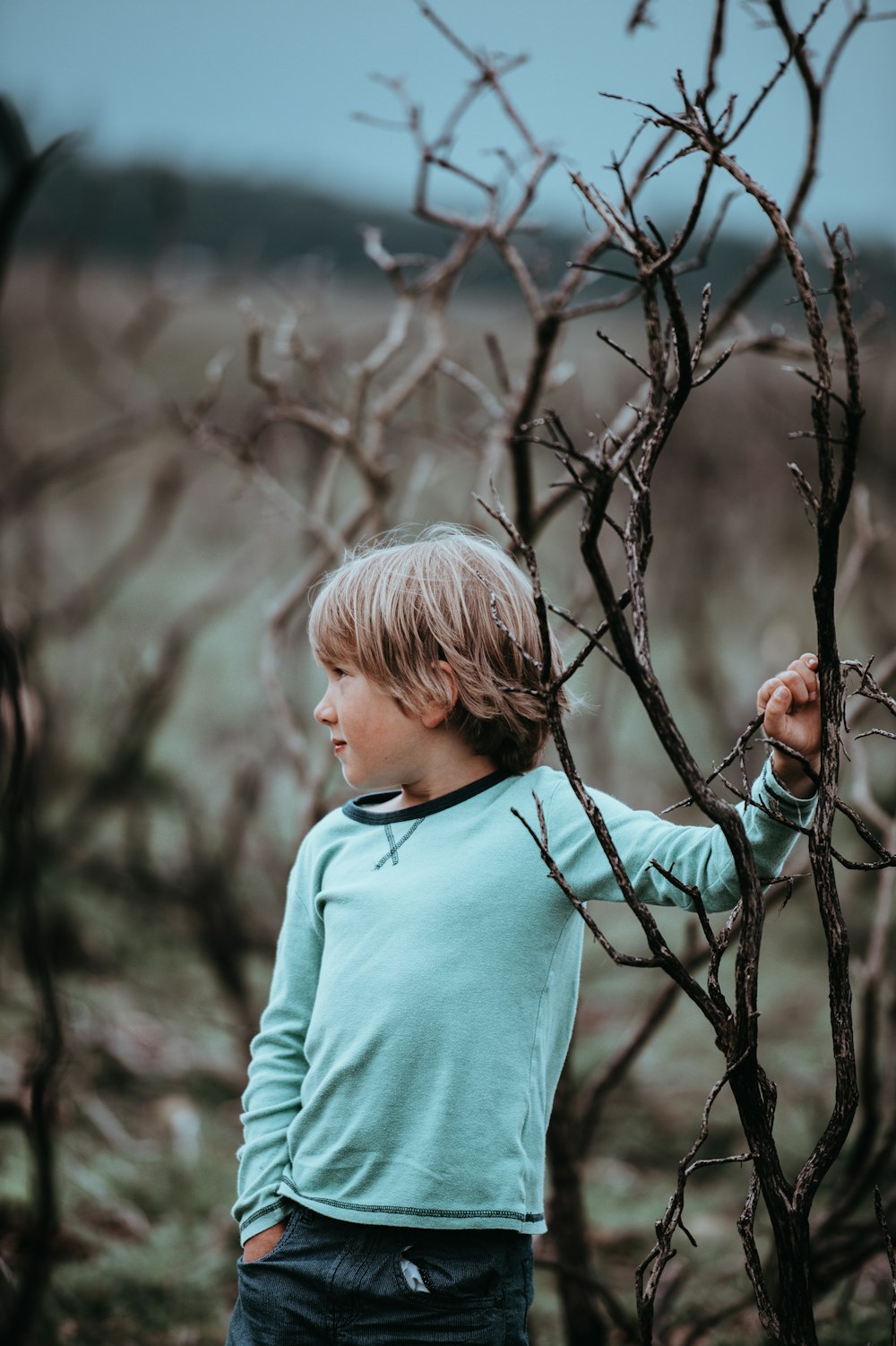 shallow focus photography of boy near brown tree