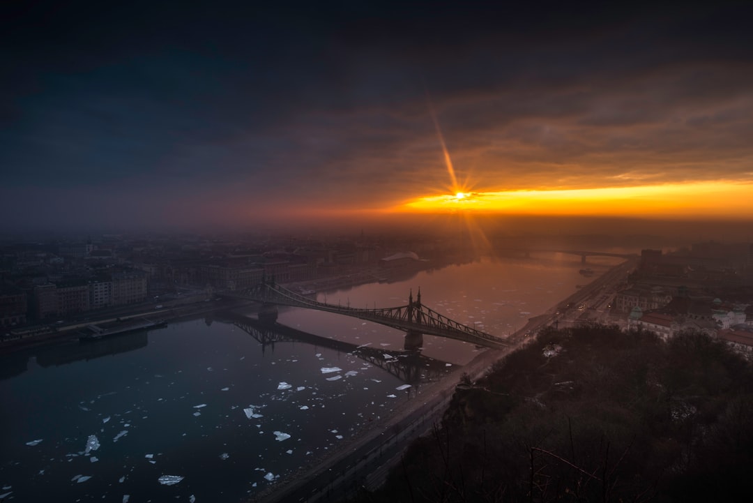 aerial photography of bridge on top of body of water at golden hour