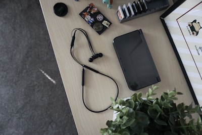 A tabletop with various items including a handheld gaming device, a pair of wired earphones, a plant, a camera lens cap, and a collection of game cartridges in a holder. There are also some stickers featuring colorful designs and characters.