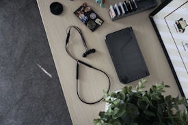 A tabletop with various items including a handheld gaming device, a pair of wired earphones, a plant, a camera lens cap, and a collection of game cartridges in a holder. There are also some stickers featuring colorful designs and characters.