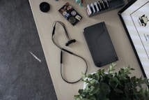 A tabletop with various items including a handheld gaming device, a pair of wired earphones, a plant, a camera lens cap, and a collection of game cartridges in a holder. There are also some stickers featuring colorful designs and characters.