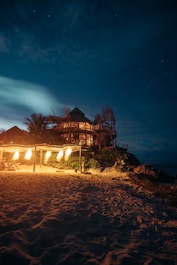 brown tent on brown sand under blue sky during nightime