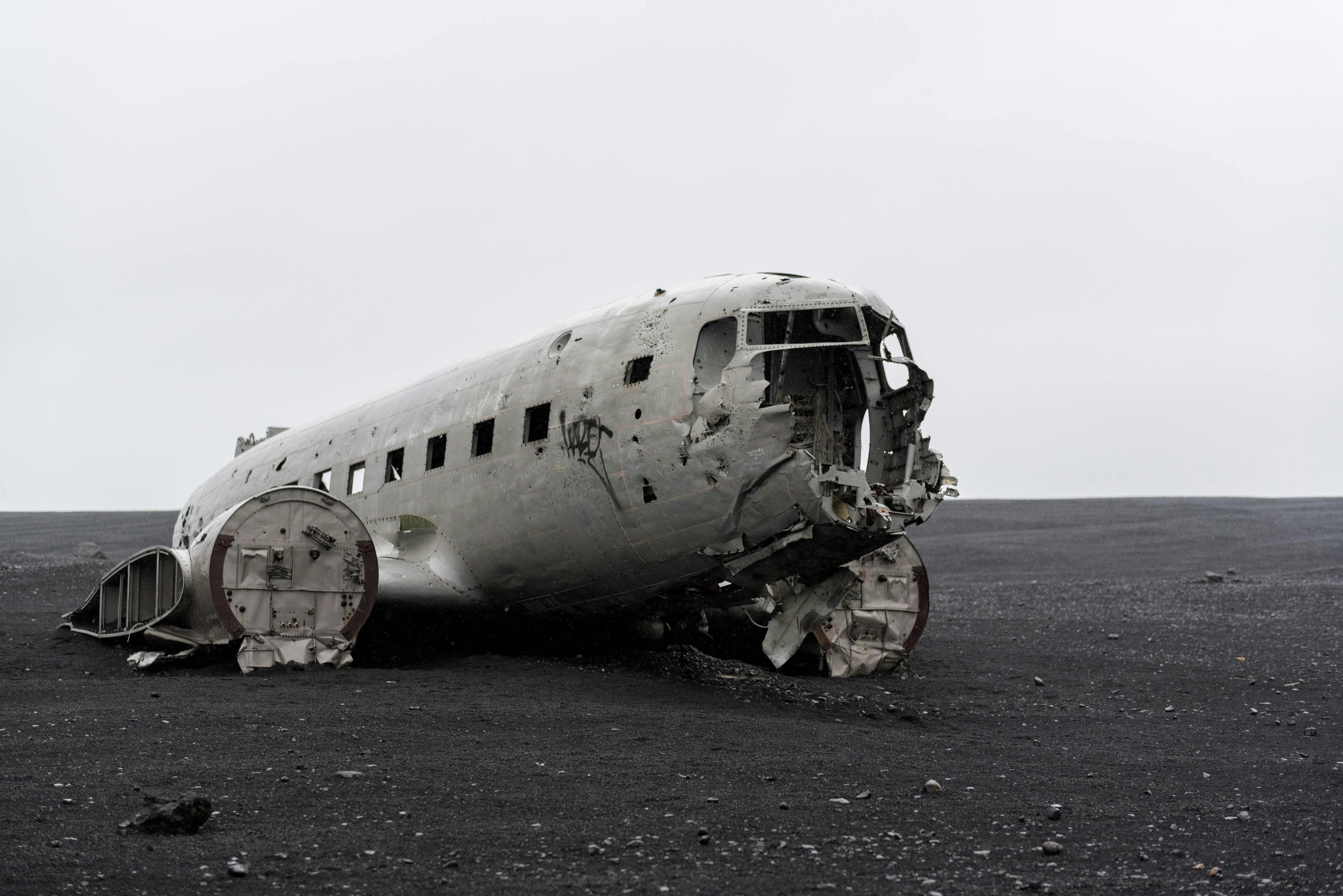 grayscale photography of wrecked airplane, Sólheimasandur