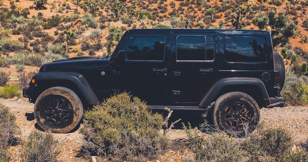 black SUV parked between bushes