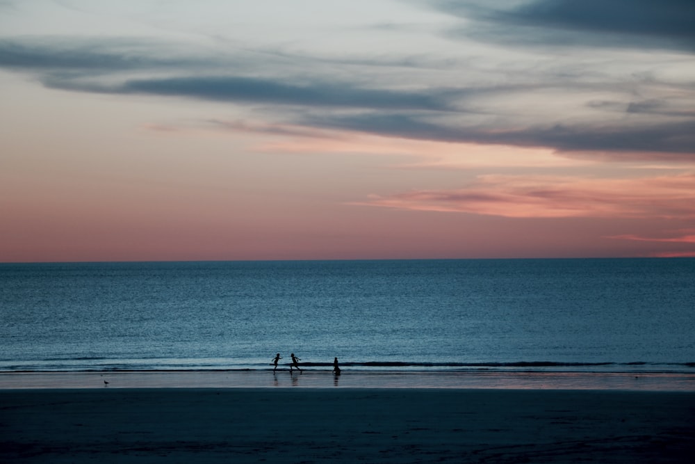 three person on shore near body of water