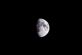 A detailed view of the moon in a partly illuminated crescent phase against a stark black background. The lunar surface features a mix of light and dark areas indicating craters and maria.