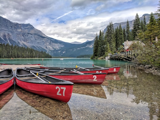 four red canoes on body of water in Emerald Lake Canada