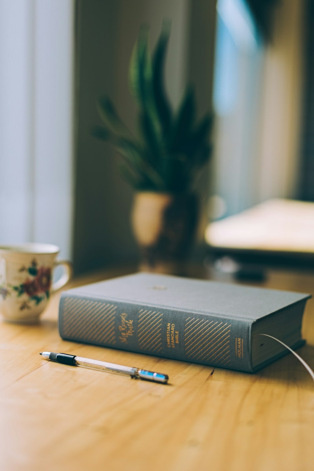 closeup photo of ballpoint pen and hardbound cover boon on table