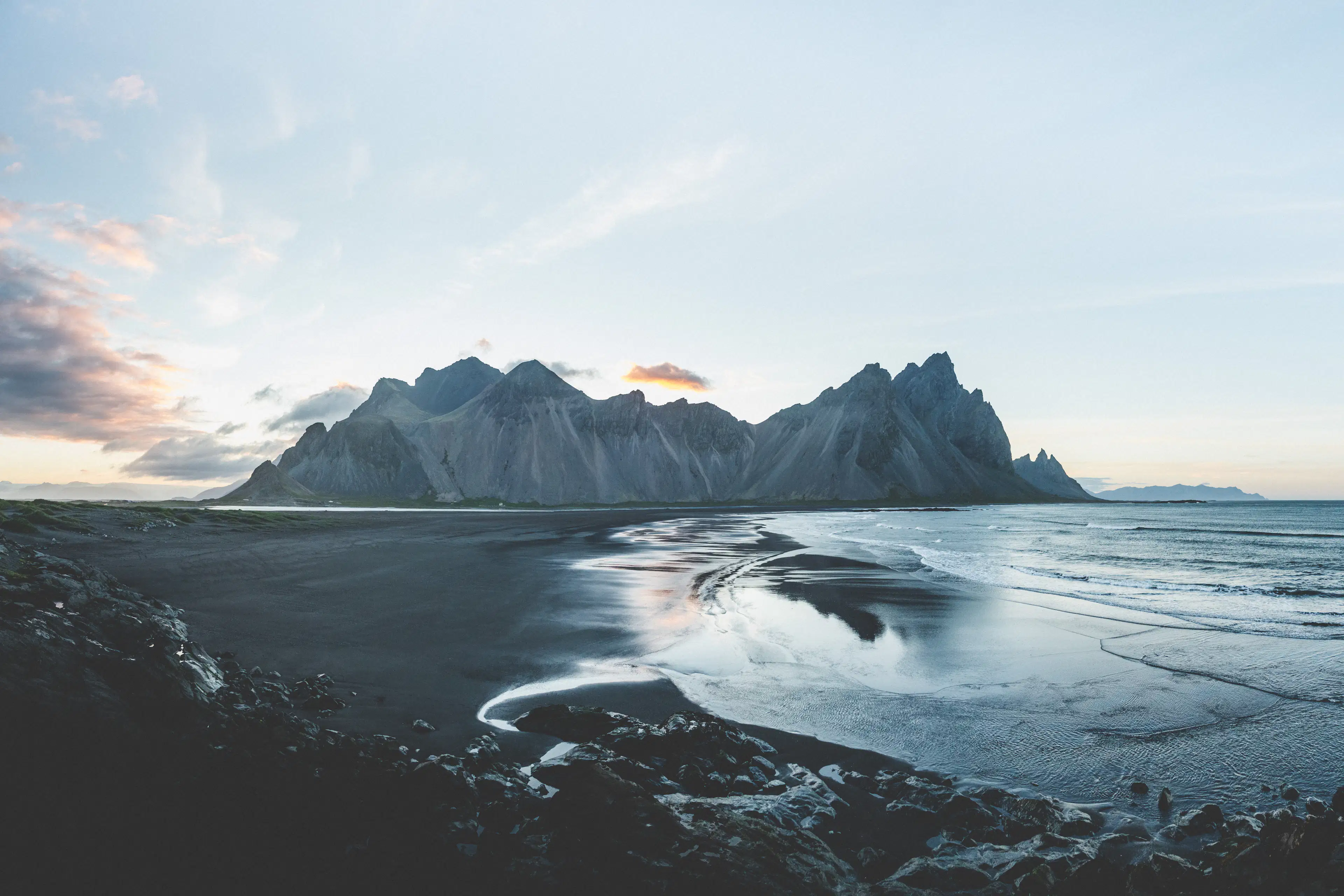 Snowy mountain landscape under the northern sky