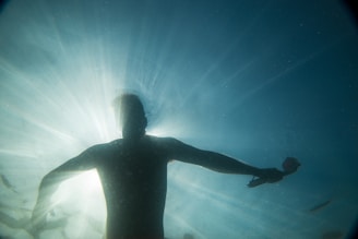 A silhouette of a person swimming underwater, with sunlight streaming through the water from above, creating a radiant effect. The person's arms are spread wide, holding an object in one hand.