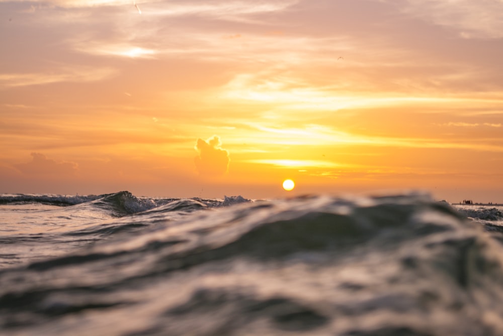Fotografia de foco raso do corpo de água durante o pôr do sol