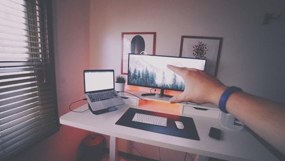 A modern desktop setup featuring a laptop and a widescreen monitor displaying a nature wallpaper. A person's hand is reaching towards the monitor. The desk also includes a keyboard, a mouse, a potted plant, and some framed artworks on the wall. Natural light streams in through window blinds, creating a cozy yet productive workspace.