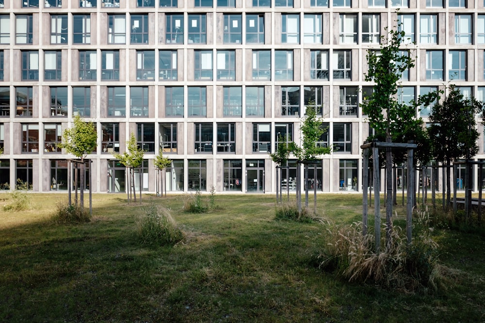 brown concrete building with glass walls beside green grass field with tree seedlings